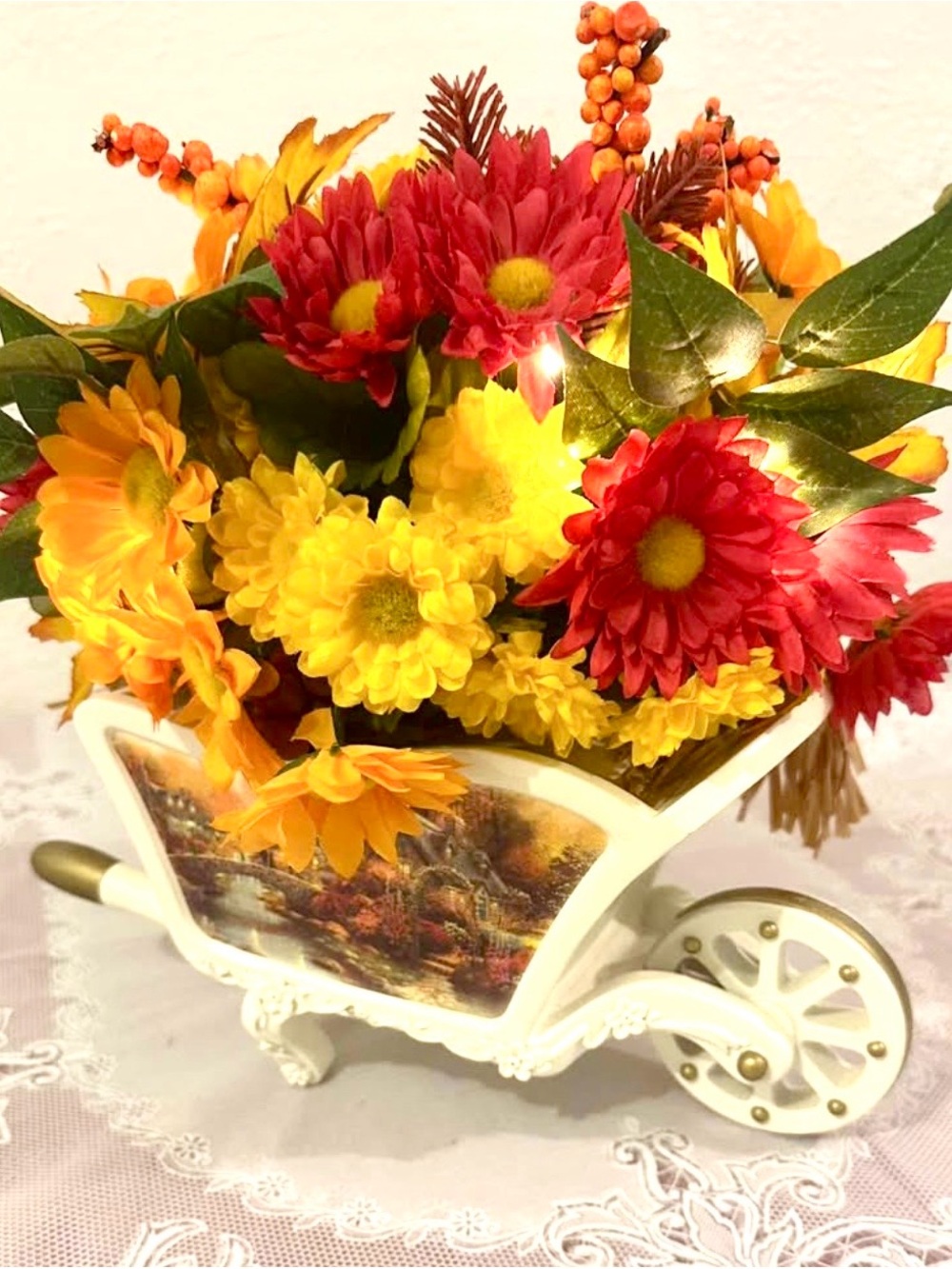 Thomas Kinkade lighted silk arrangement in ceramic cart by Bradford Exchange